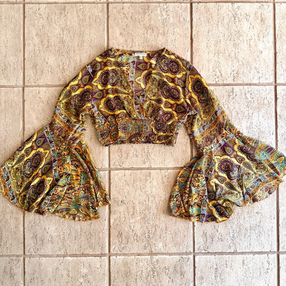 EARTHBOUND Golden Yellow Paisley Bell-Sleeve Crop Blouse